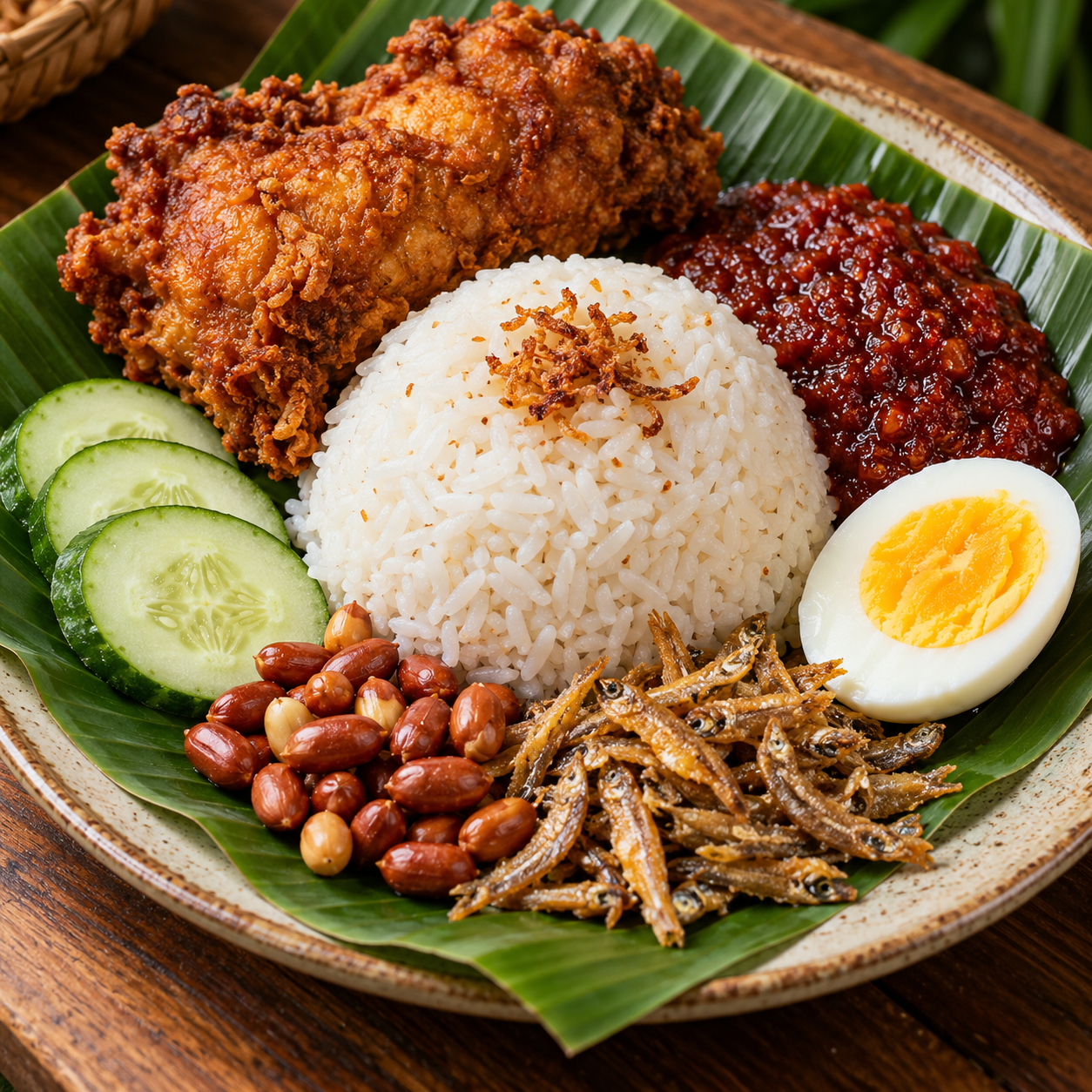 Malay nasi lemak with coconut rice, fried chicken, sambal and cucumber
